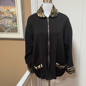Robin K Black Bomber Knitted Jacket with Animal Print Accents